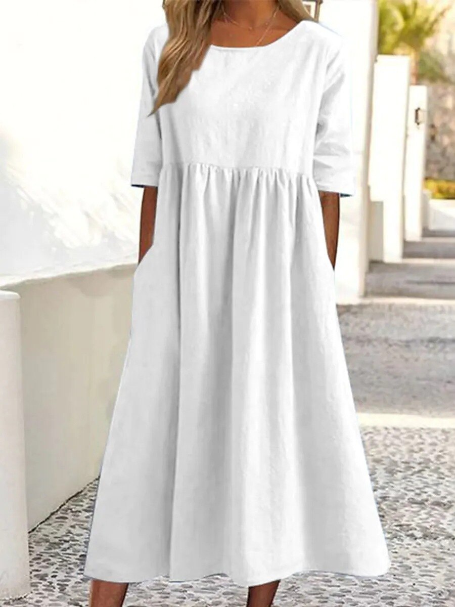 S-2XL 빈티지 코튼 린넨 여성 드레스, 캐주얼 루즈 O-넥 반팔, 맥시 패션 드레스, 2023 신제품